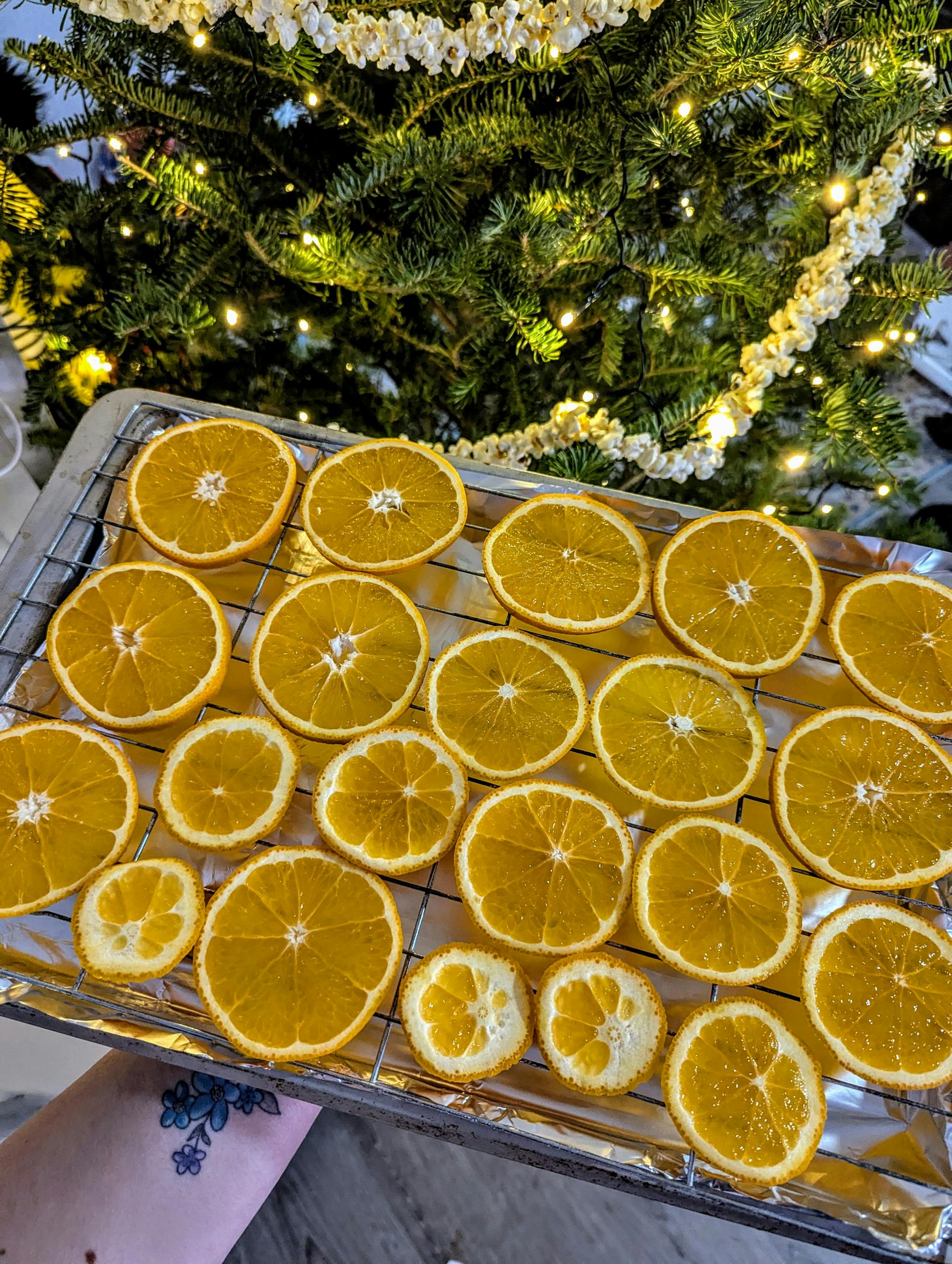Festive homemade dried orange slices and popcorn garland decor on a Christmas tree, creating a natural holiday vibe.