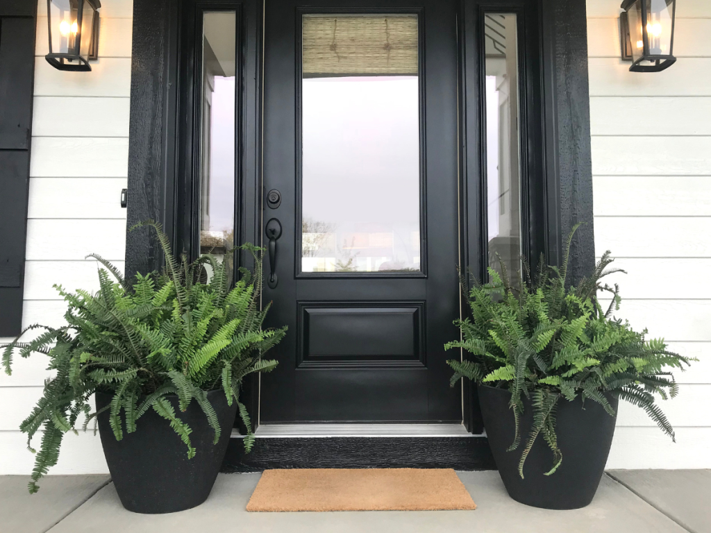 Black front door and door matt with 2 large green plants either side , Porch makeover