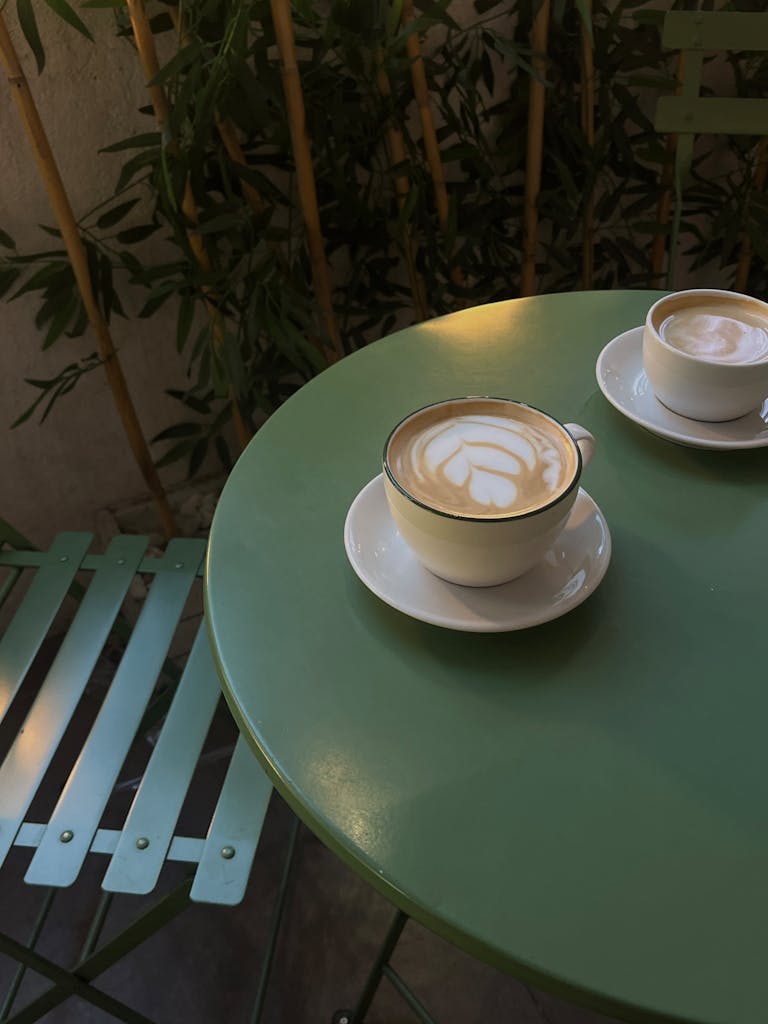 Green cafe table with two cappuccinos outdoors, perfect for a backyard staycation garden