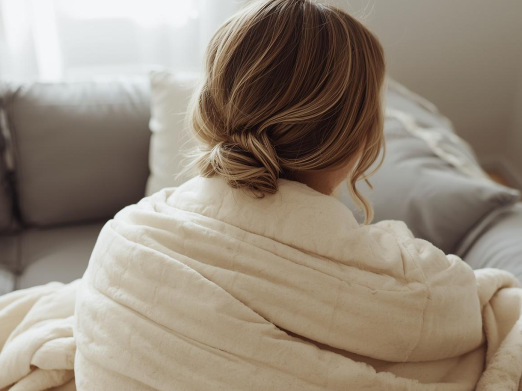 weighted blanket draped over sofa in cosy living room — home sanctuary essentials that make your home a autumn self care Sunday