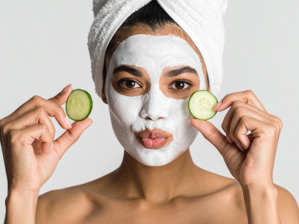 Woman applying a homemade cucumber and yoghurt face mask in a light summer bathroom
