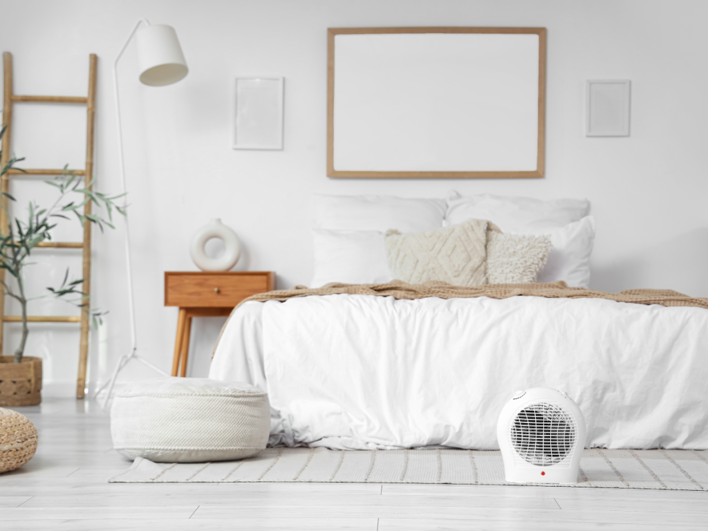 A cool meditation and relaxation Bedroom zone with small floor fan