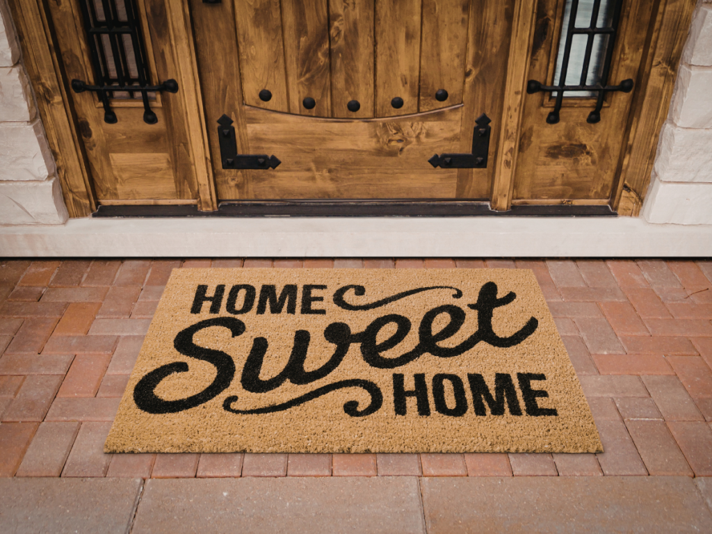 Decorative coir doormat on front porch summer staycation doorstep makeover