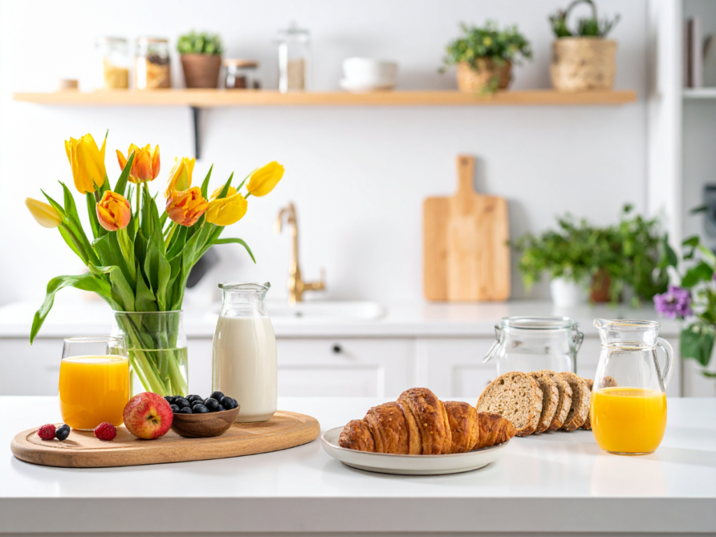 Small vase with fresh summer flowers on breakfast table for hotel breakfast at home