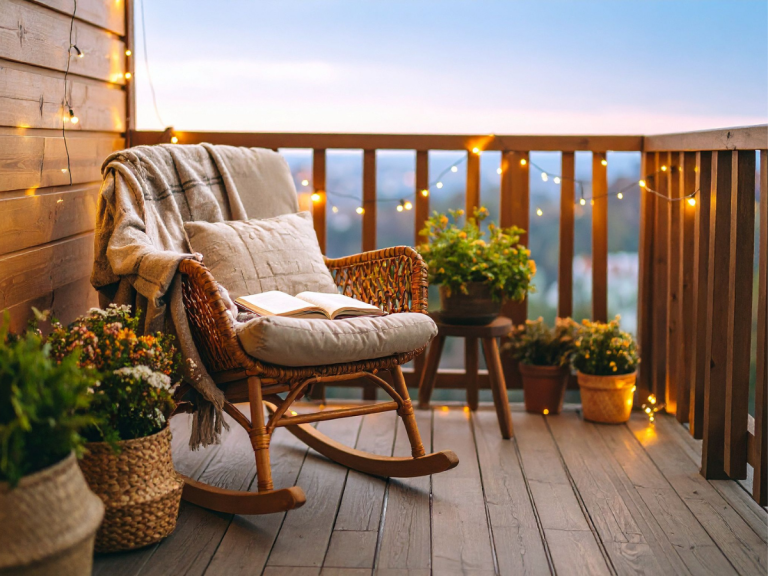 A beautiful wooden house balcony set up with wooden a chair and fairy lights round the balcony and a plant in the background for a staycation retreat