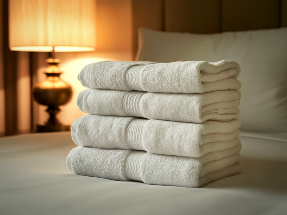 Stack of thick luxury white towels on a bed in a freshly decorated new home bathroom]