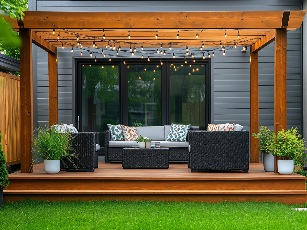 outdoor string lights over a garden patio with rattan furniture for a summer staycation at home UK