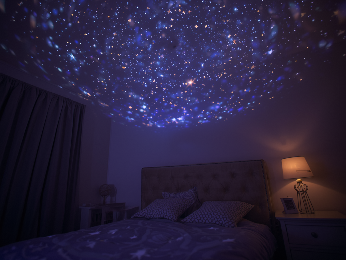 Star projector on a ceiling of a cosy bedroom at night