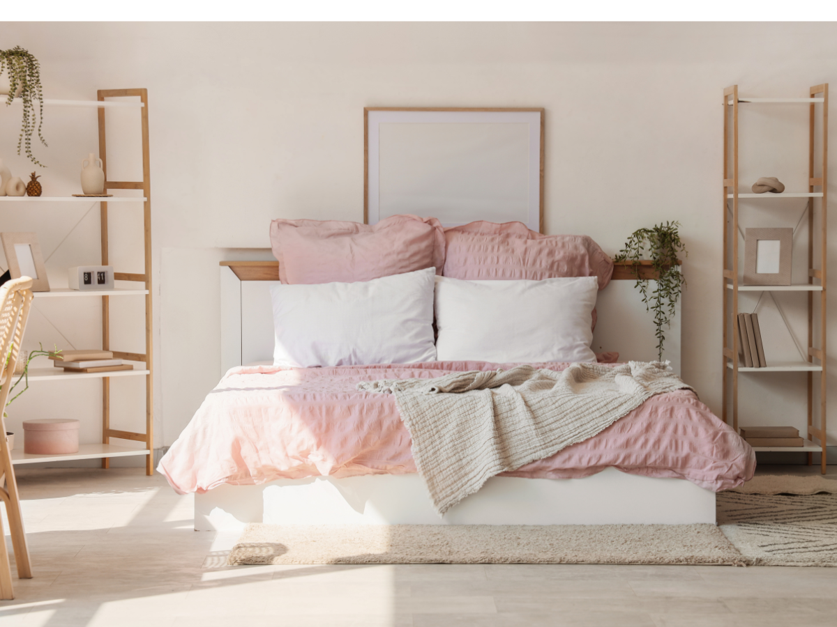 Tall vertical wooden shelving in neat bedroom for fancy hotel vibes.