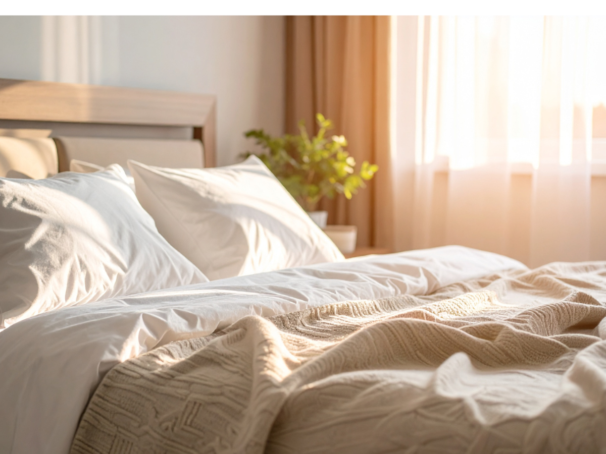 Calm and organised bedroom with neutral linen bedding styled like a hotel retreat – bedroom organisation ideas holiday retreat