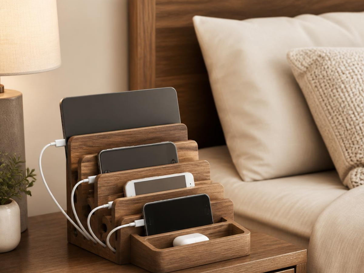 Neat wooden bedside charging station on an organised bedside table – bedroom organisation accessorie