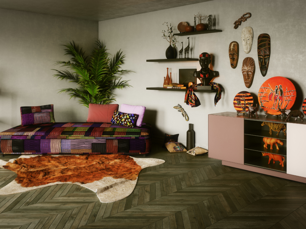 Top Afrohemian decor pieces for the living room featuring a bold geometric African rug in terracotta