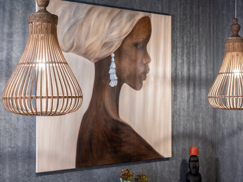 Afrohemian decor piece of wall art and 2 hanging wicker style lights