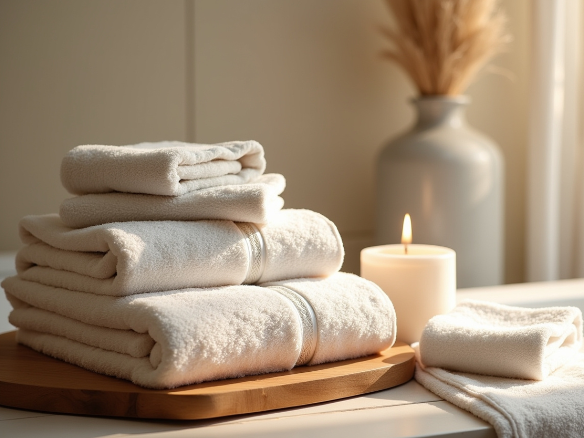 neatly folded white hotel-style towels next to warn lit candle and vase of dried flowers in the background