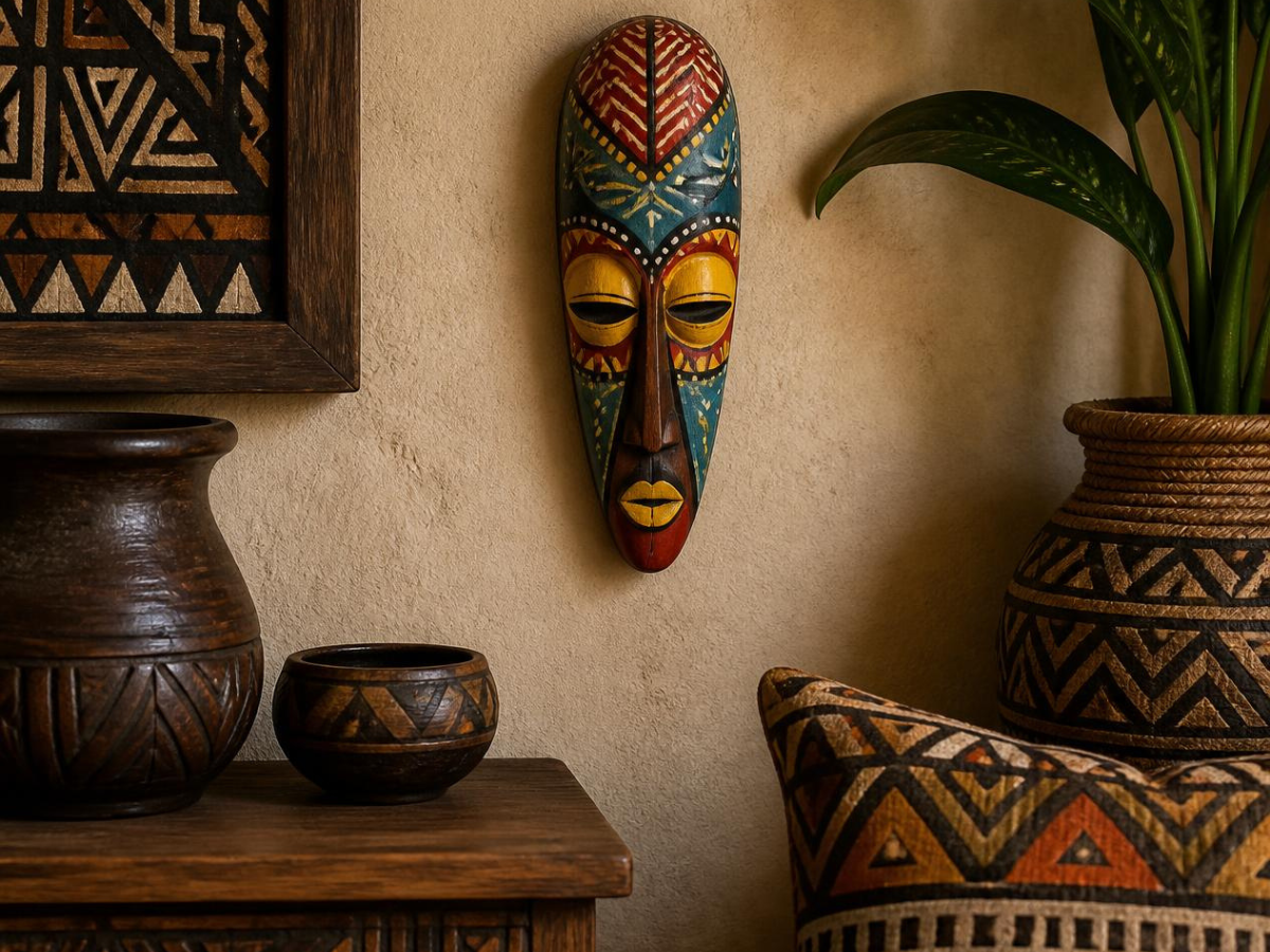 African Style Masks Wooden Tribal one small Mask Tiki Wall Mask with Decorative Pattern and Bright Colors on a wall in an african styled room