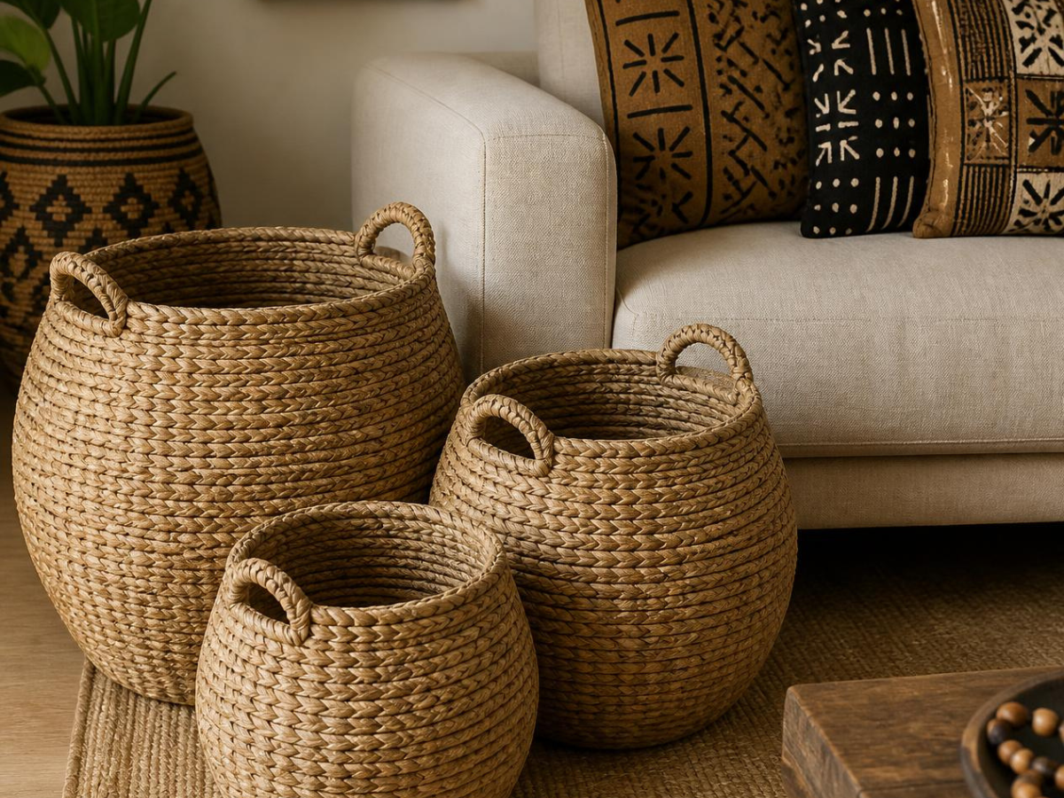 A warm bohemian interior with woven 3 differnt sized baskets and textiles creating a cozy and stylish ambiance.