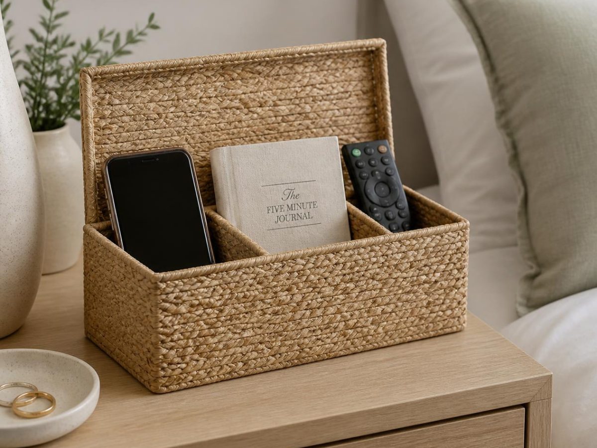 3 open sections of a seagrass Bedside caddy organiser with a an open lid holding phone book and remote