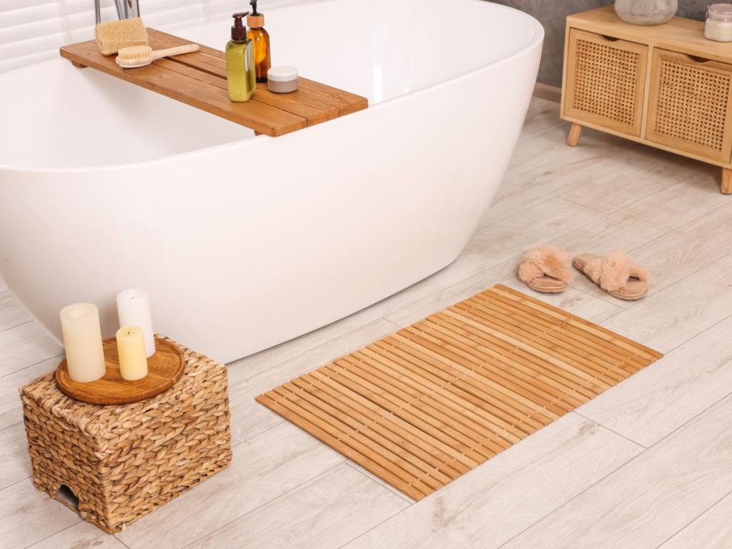 Textured bamboo bath matt for relaxing bathroom
