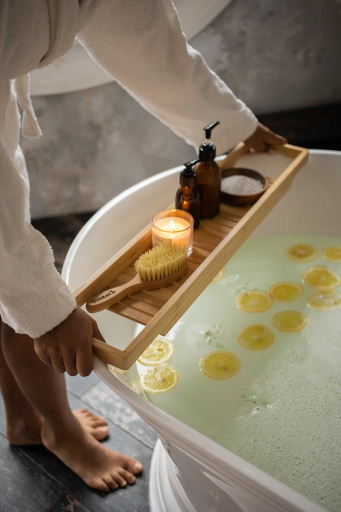 Bamboo wood bath caddy tray for a hotel style bathroom feel