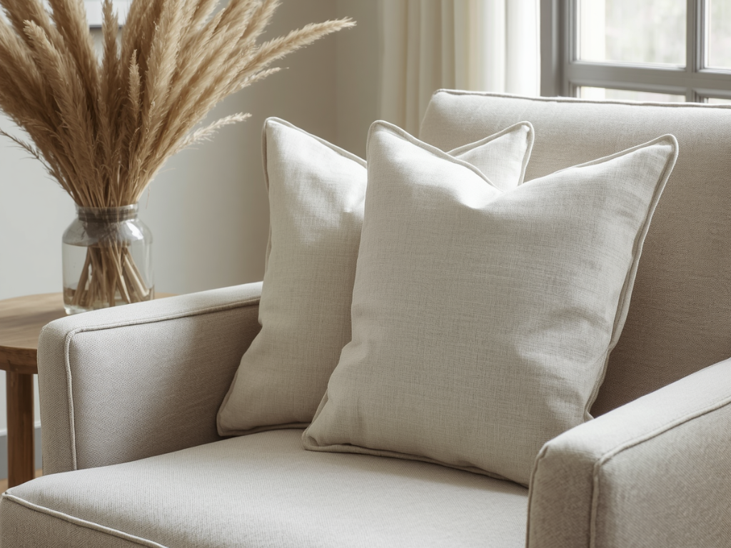 two linen cushions on cream armchair with pampas grass in the background in a bright decor setting