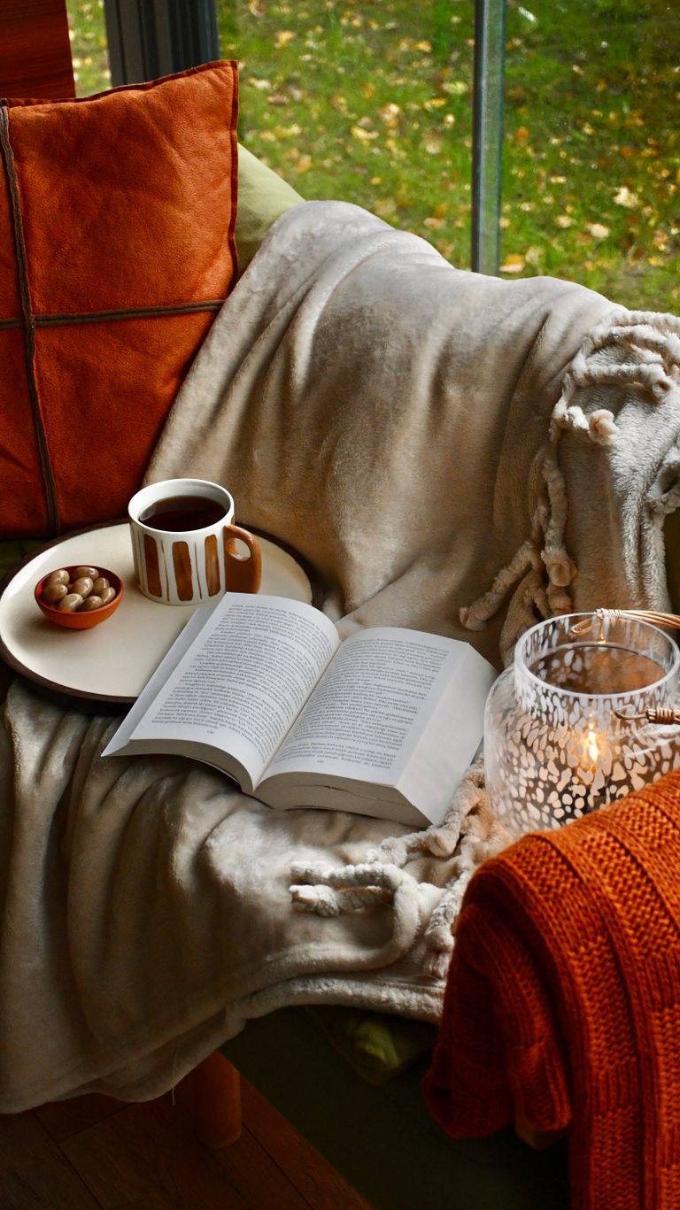 cosy reading nook by a sunny window with a throw and a cup of tea - perfect for an autumn self care Sunday