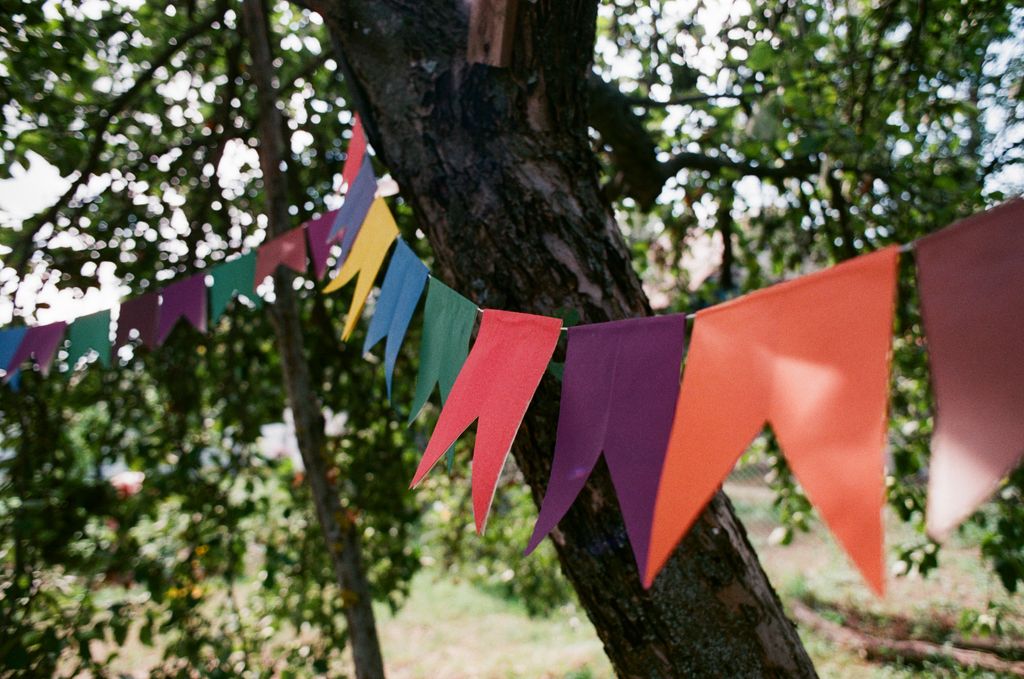 Brightly colored streamers hanging on a tree, creating a festive outdoor atmosphere.