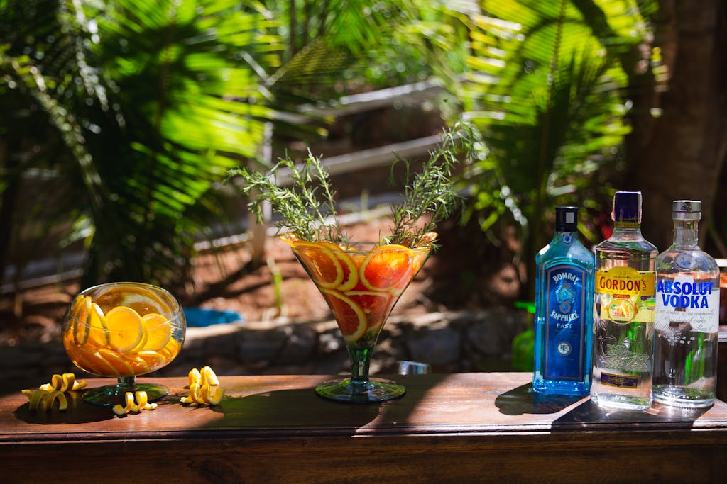 home cocktail bar outdoor setup at golden hour