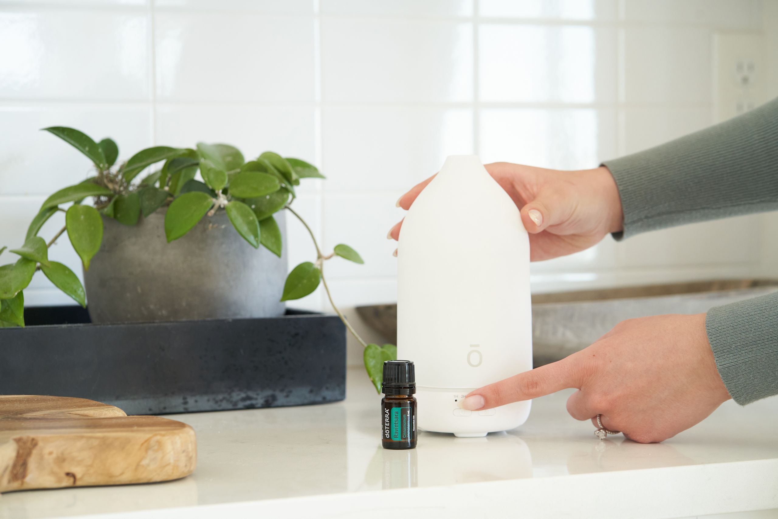 Hands activating a diffuser with essential oil and potted plant for a calming home ambiance.