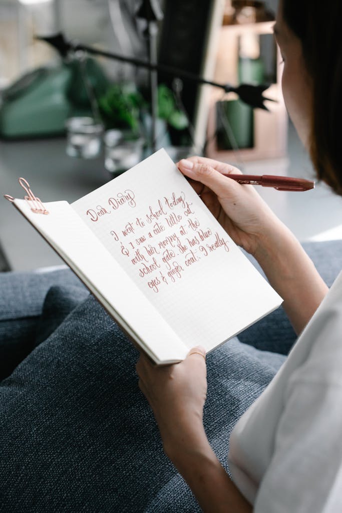 Over the shoulder view of a woman writing in her notebook at home, focusing on personal journaling.