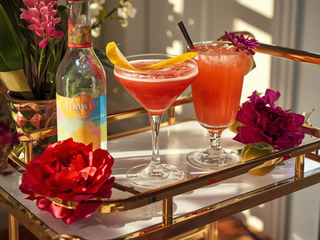 Styled DIY home cocktail bar with tiered bar trolley bottled spirits and summer floral decorations