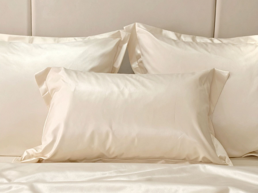 Silk pillowcase set on neatly made bed summer bedroom upgrade