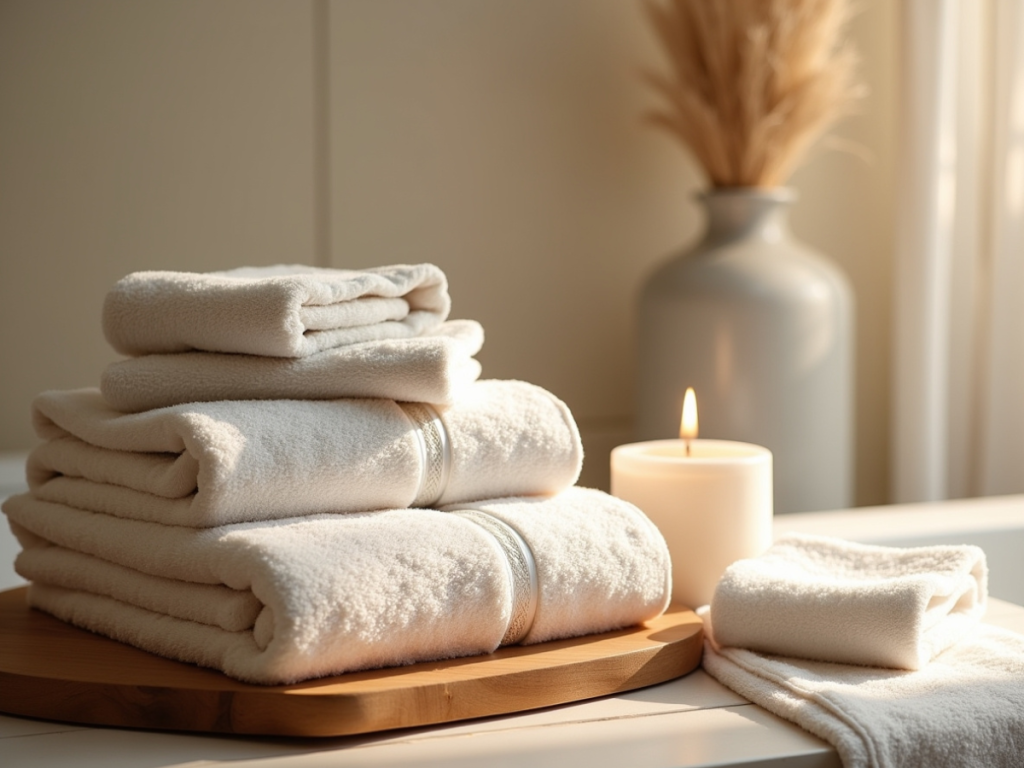 One burning candle next to folded towels in a hotel  style bathroom