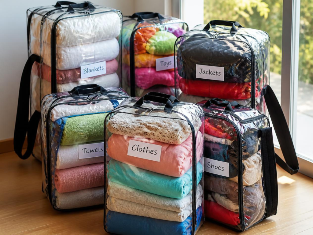 A set of clear bags moving storage bags with backpack straps for seeing packed items easily