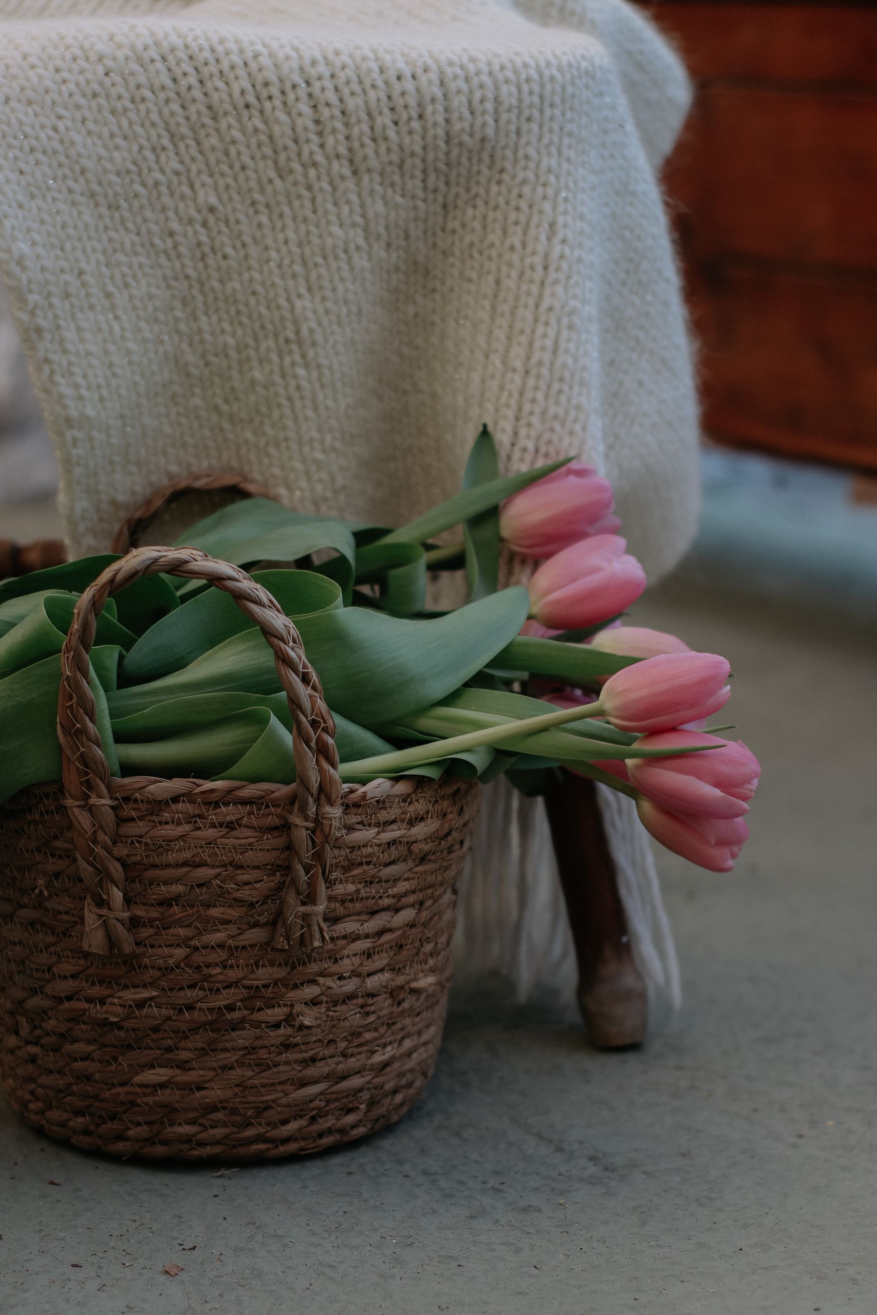A charming woven basket filled with pink tulips placed beside a cozy cream-colored blanket indoors.