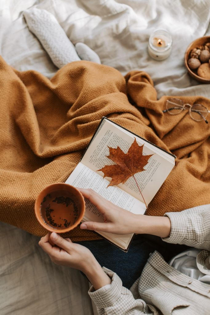 A cozy autumn setup with tea, a book, and a maple leaf on a warm blanket. Perfect for a autumn self care Sunday
