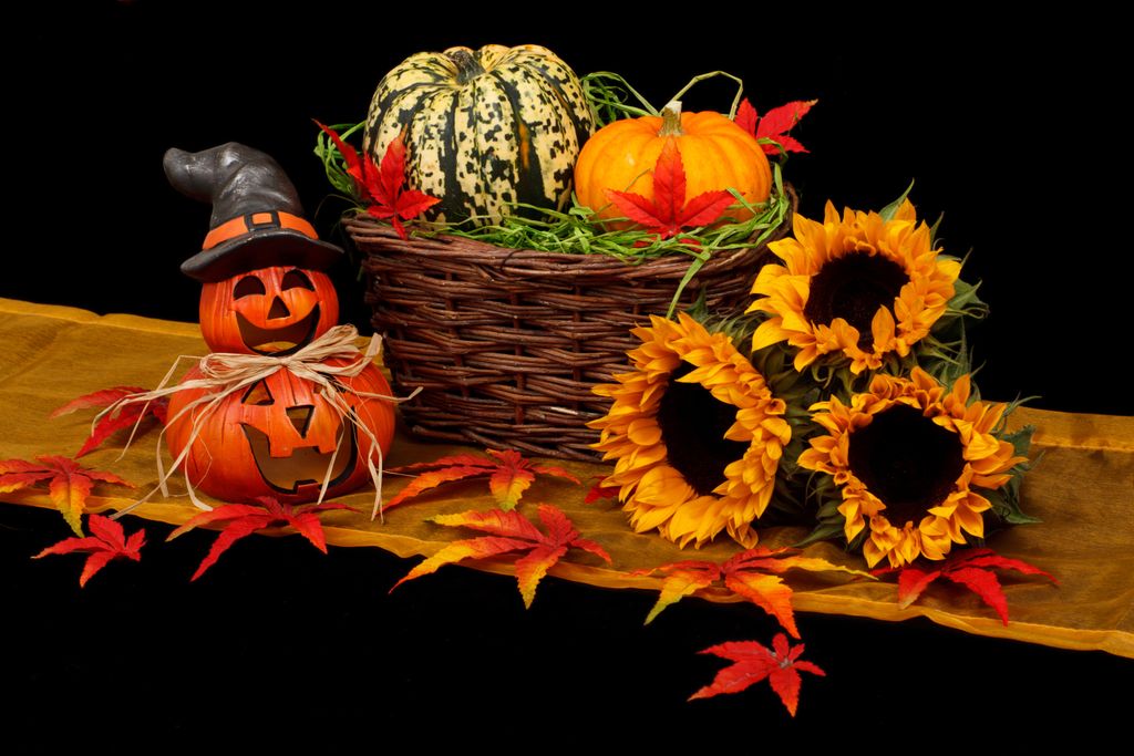 Colorful Halloween scene with jack-o'-lanterns, pumpkins, sunflowers, and autumn leaves.