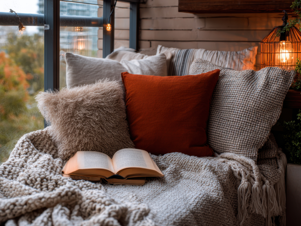 Chunky knit blankets, fluffy cushions and open book as part of autumn reading nook with warm lighting