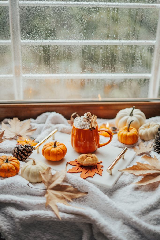 Warm cosy autumn setup with a pumpkin spice latte, cookies, and mini pumpkins by a rainy window.