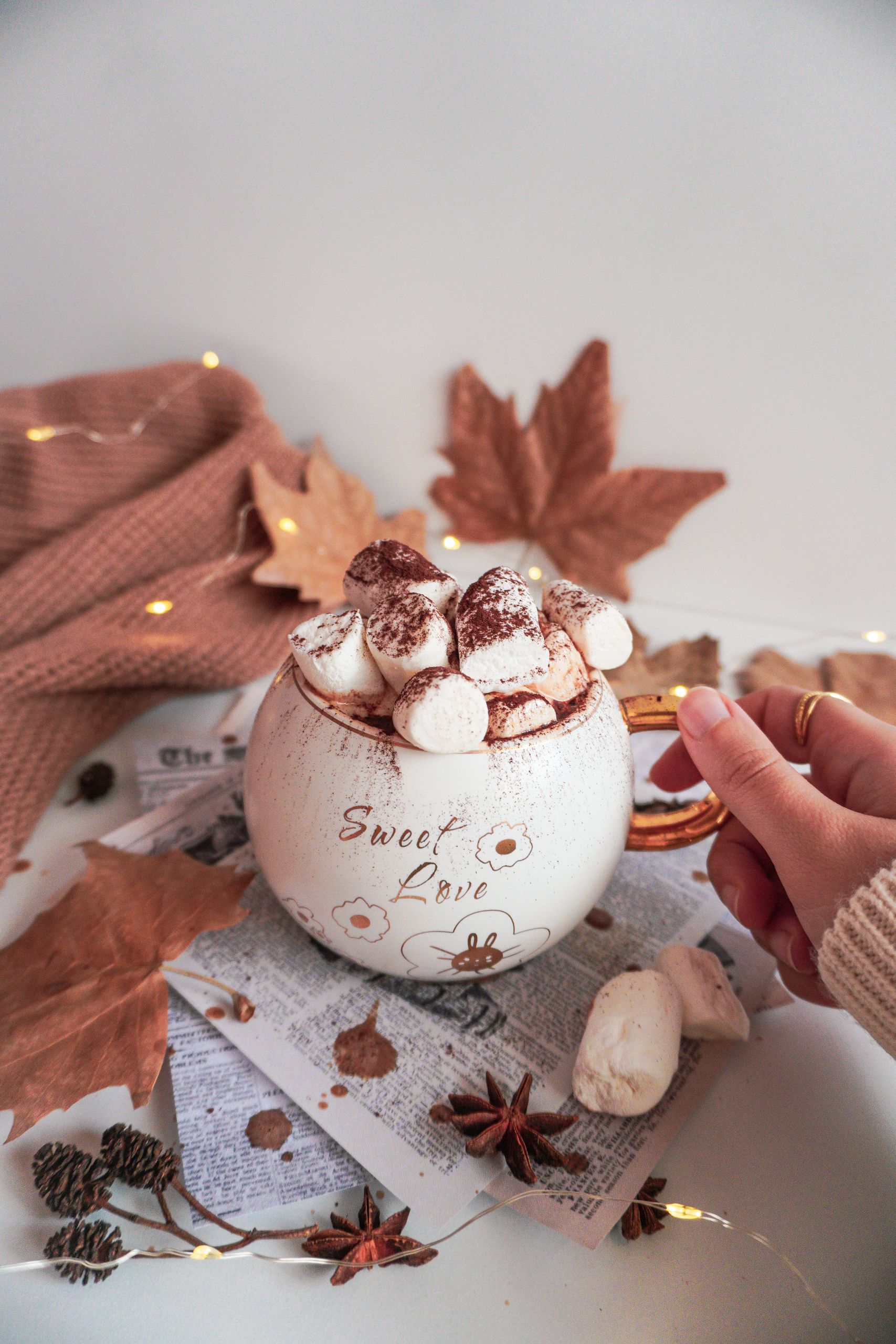 Warm cup of hot chocolate topped with marshmallows, embodying a cozy fall atmosphere.