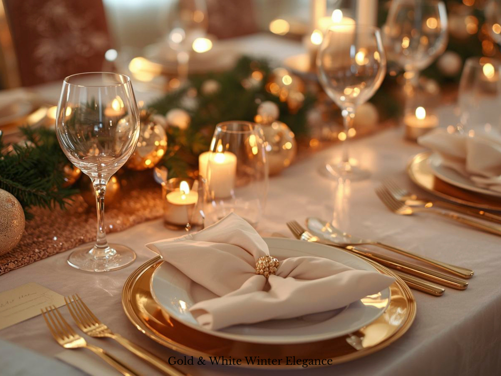 Christmas centerpiece theme idea with a gold sequin table runner, green fern garland, pillar candles and gold glitter ornaments on a white tablecloth