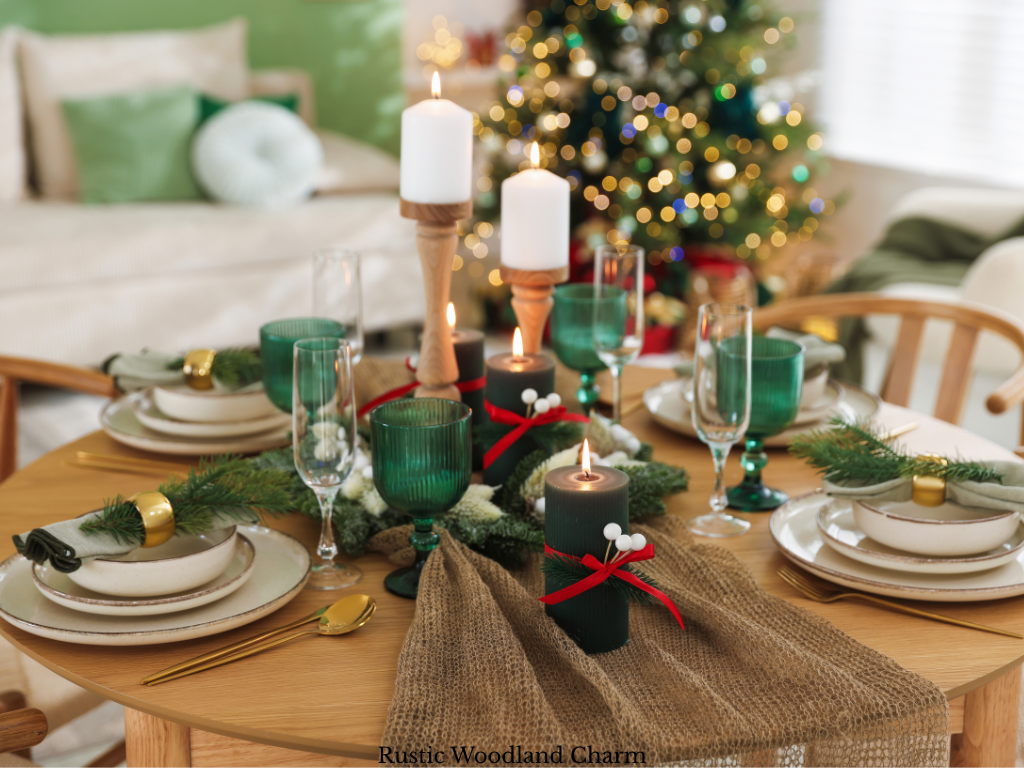 Rustic Christmas centerpiece on a round wooden table with a burlap runner, white pillar candles, fern sprigs, white holly berries and emerald green candles with red ribbon