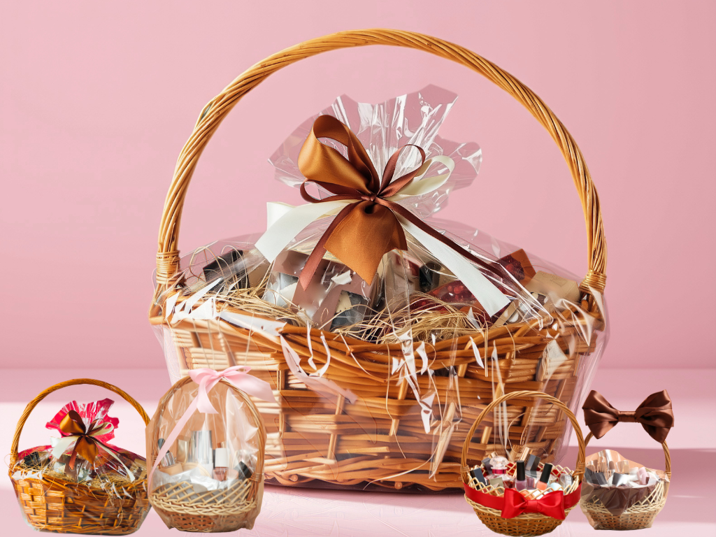 best Christmas gift baskets in a range of sizes with a pink background